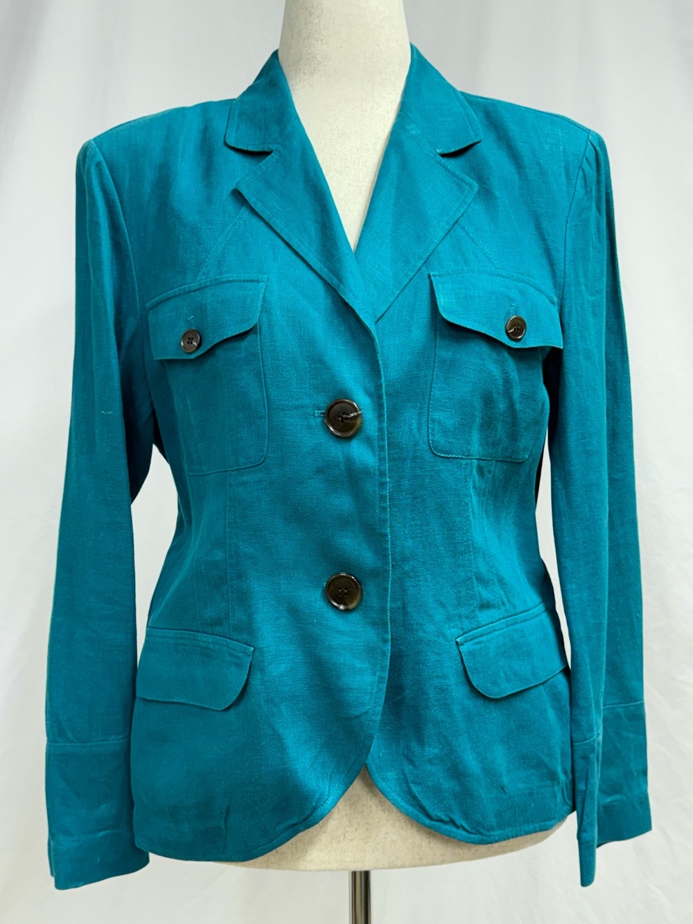 Lafayette 148 New York 100% Linen Teal Button-Front Blazer
